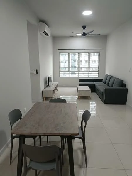 Living features: grey fabric sectional sofa, light wood coffee table, wall-mounted TV, TV console, dining table with light wood top, 6 grey dining chairs, white painted walls, tile flooring, 1 wall-mounted split AC, ceiling fan with light, window with horizontal blinds; style: modern.
