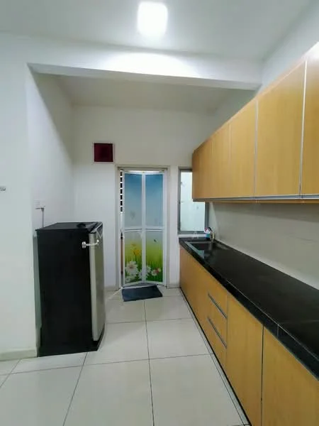 Kitchen features: light wood cabinetry, black granite countertop, stainless-steel fridge, white tiled flooring, white painted walls, sliding glass door, window with floral view, kitchen mat, under-cabinet lighting; style: modern; view: garden.
