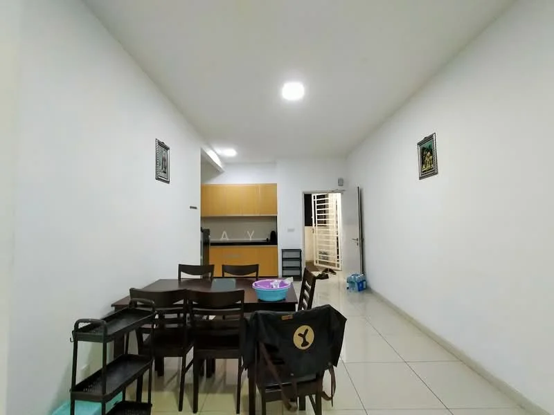 Dining features: white painted walls, glossy tile flooring, dining table with 6 chairs, kitchenette visible in background, recessed ceiling lights, framed artwork on walls, open layout, doorway leading to hallway; style: modern.