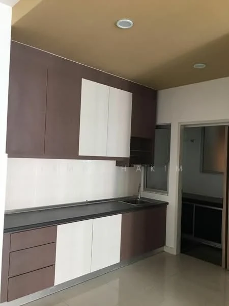 Kitchen features: brown and white cabinetry, stainless-steel countertop, single-bowl stainless-steel sink, chrome pull-down faucet, ceramic tile flooring, recessed ceiling lights, wall-mounted cabinets, open shelving, neutral wall color, window for natural light; style: modern.
