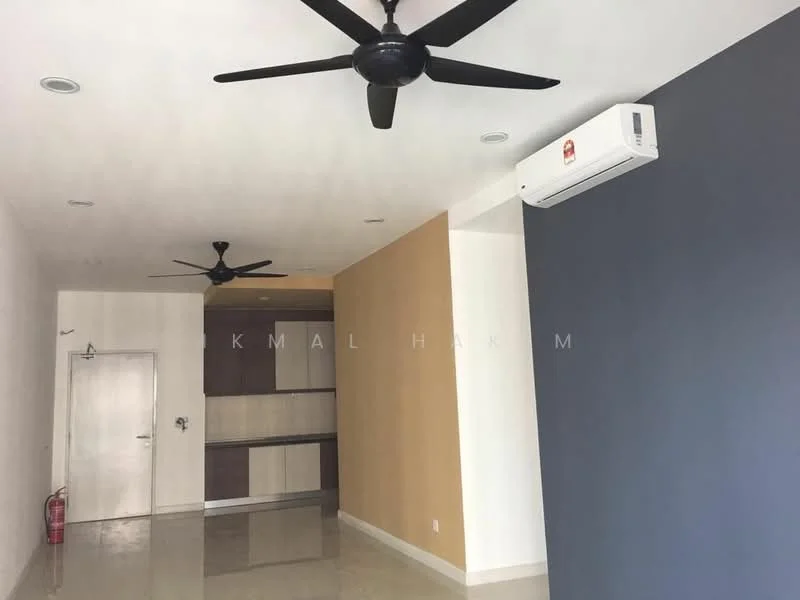 Room features: 2 ceiling fans, 1 wall-mounted split AC, white painted walls, light grey accent wall, cream painted walls, polished floor tiles, fire extinguisher, recessed downlights, open layout; style: modern.