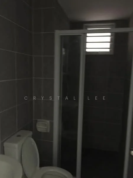 Bathroom features: grey tiled walls, grey tiled flooring, one-piece toilet, shower with glass enclosure, chrome basin mixer, small window for ventilation; style: modern.