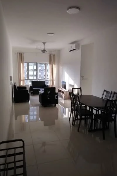 Living features: white painted walls, glossy tile flooring, 5-blade ceiling fan with light, floor-to-ceiling windows, sheer curtains, black 3-seater fabric sofa, black armchair, TV console, wall-mounted TV, dining table with 6 chairs, air conditioning unit; style: modern; view: city.