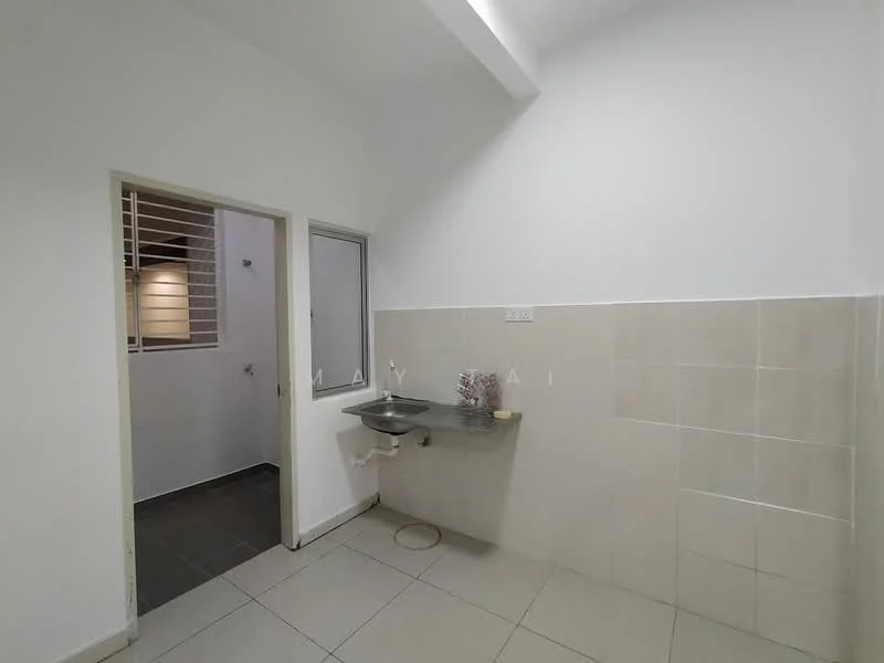 Laundry features: white painted walls, cream tiled walls, grey floor tiles, single-bowl stainless-steel sink, window with security bars, light fixture on ceiling. Room features: door leading to another room, window with blinds.