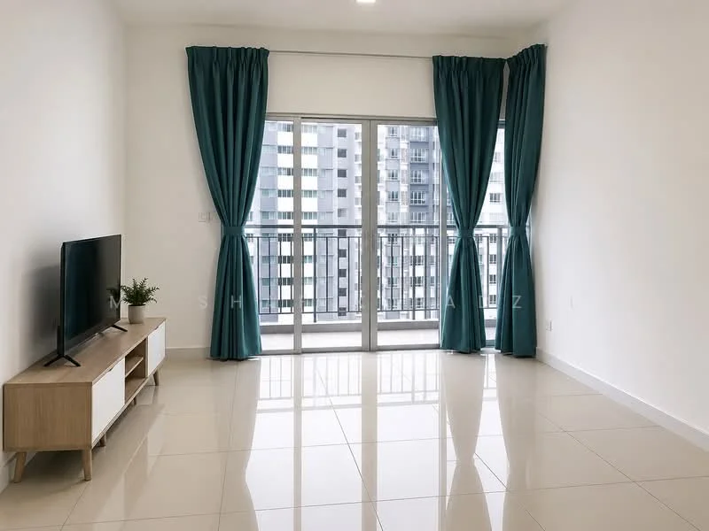 Living features: white painted walls, glossy tile flooring, floor-to-ceiling windows, sliding glass door, blue curtains, TV console in light wood, potted plant, balcony view; style: modern; view: city.