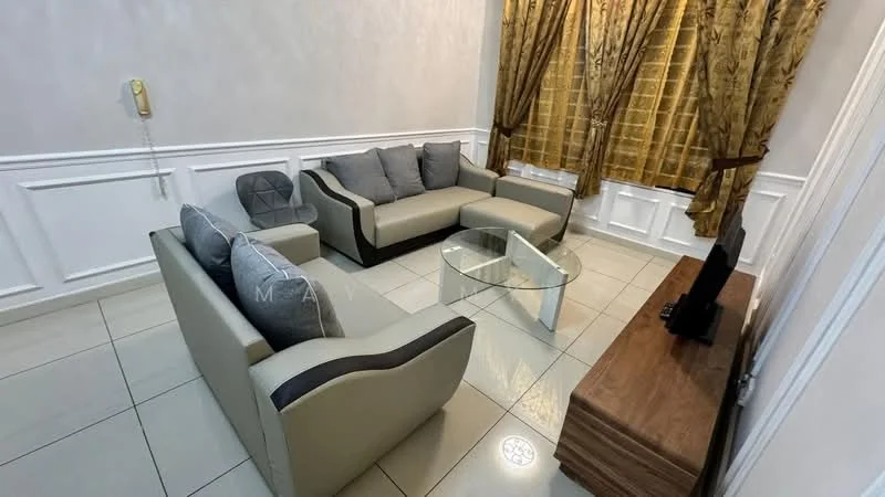 Living features: 3-seater fabric sofa in grey, 2-seater sofa in beige, glass coffee table, wooden TV console, wall-mounted TV, cream painted walls, white wainscoting, floor tiles, golden curtains, recessed lighting; style: modern.