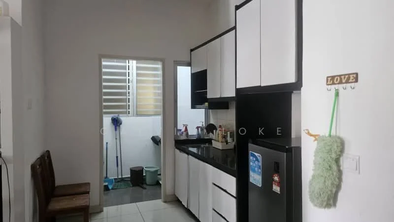 Kitchen features: black granite countertop, white shaker cabinets, stainless-steel fridge, built-in oven, freestanding range oven, sink, wall-mounted shelves, tile flooring, white painted walls, sliding glass door to outdoor area; style: modern. Room features: laundry area, tile flooring, white walls.