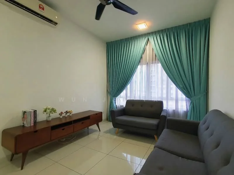 Living features: grey fabric 3-seater sofa, grey fabric 2-seater sofa, wooden coffee table, white painted walls, glossy tile flooring, floor-to-ceiling windows, sheer curtains, turquoise drapes, wall-mounted split AC, ceiling fan with light; style: modern; view: city.