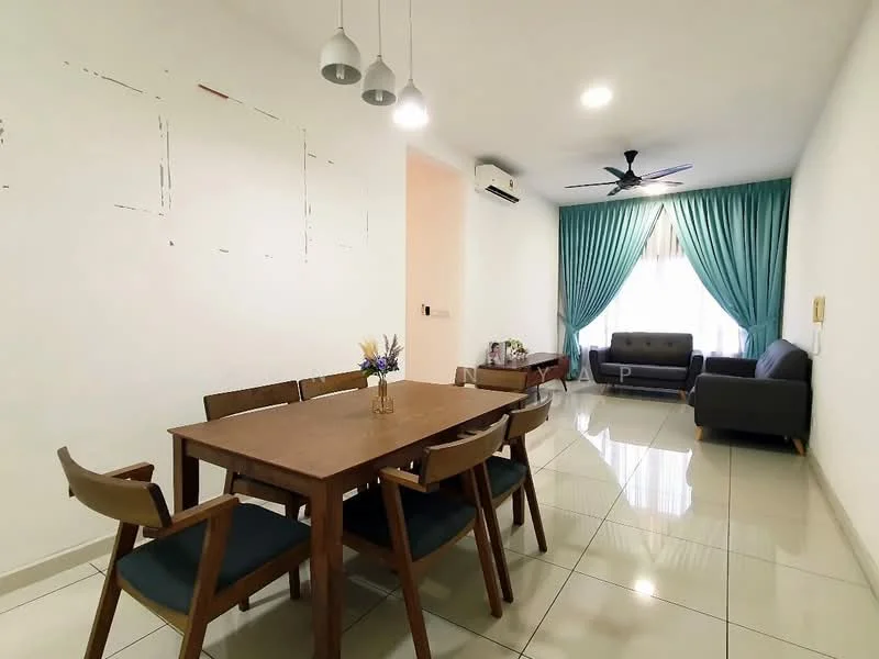 Dining features: wooden dining table, 6 dining chairs with fabric upholstery, pendant lighting with three bulbs, white painted walls, glossy tile flooring, floor-to-ceiling window with sheer curtains, sofa in grey fabric, ceiling fan with light; style: modern.