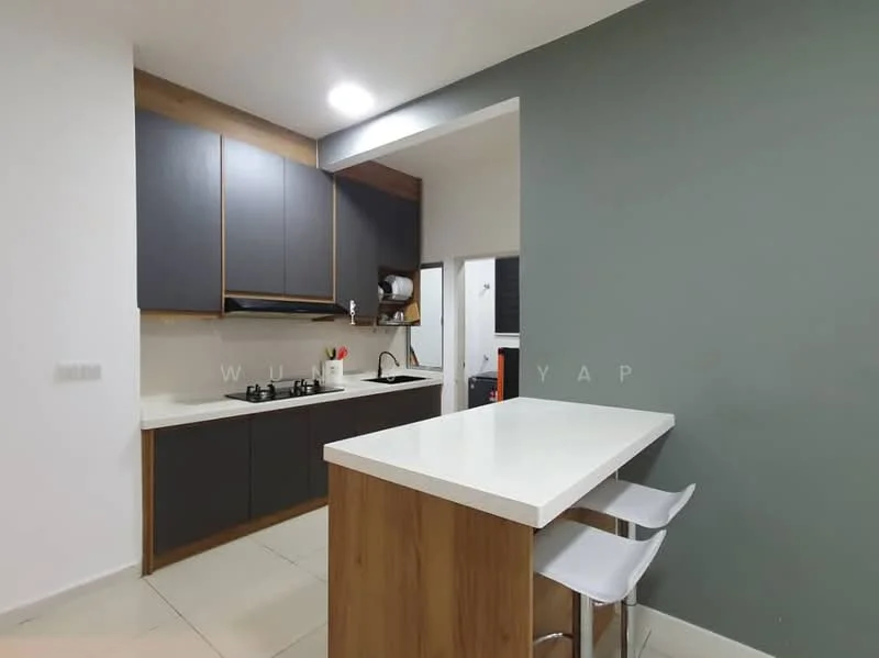 Kitchen features: white quartz countertop, dark wood cabinetry, stainless-steel sink, chrome pull-down faucet, 4-burner gas hob, built-in oven, white tiled backsplash, bar seating with two white stools, recessed downlights, cream tiled flooring, grey accent wall; style: modern.