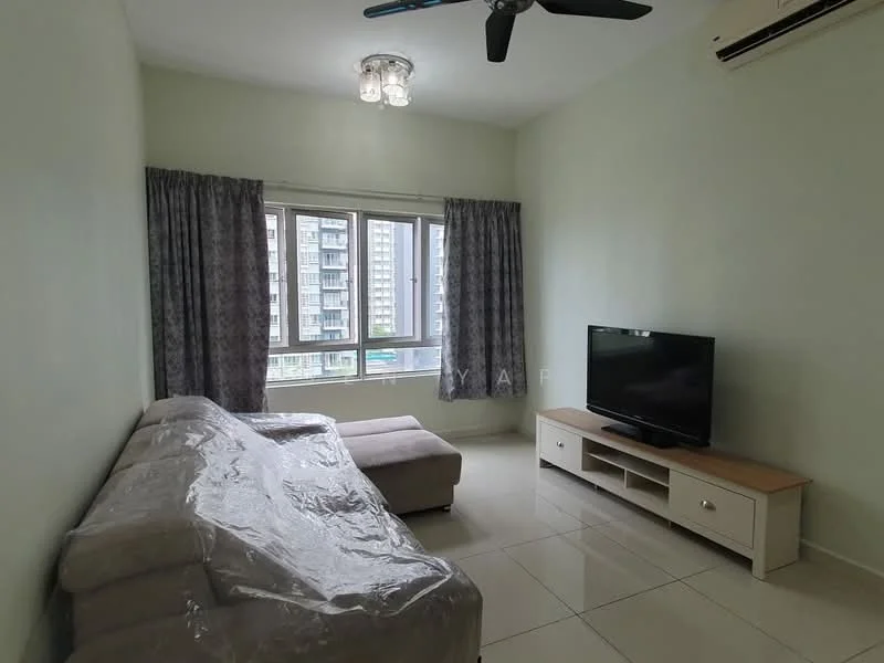 Living features: light green painted walls, white ceiling, 5-blade ceiling fan with light, large windows with city view, grey fabric sofa, ottoman, TV console in white, black flat-screen TV, tile flooring, curtains in grey, air conditioning unit; style: modern; view: city.