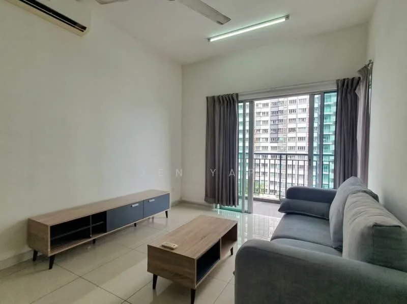 Living features: grey fabric sofa, wooden coffee table, TV console with drawers, floor-to-ceiling windows, sliding glass door, curtains, wall-mounted split AC, recessed ceiling lights, light-colored tiled flooring, white painted walls; style: modern; view: city.
