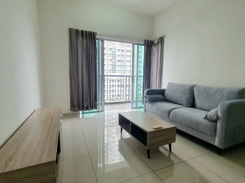 Living features: grey fabric sofa, wooden coffee table, TV console, floor-to-ceiling windows, sliding glass door, curtains, glossy tile flooring, white painted walls; style: modern; view: city.