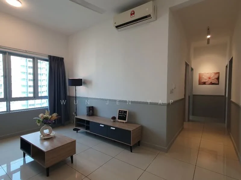 Living features: cream painted walls, grey accent wall, glossy tile flooring, floor-to-ceiling windows, blackout curtains, 3-blade ceiling fan, LED ceiling lights, wooden TV console, decorative vase on table, wall-mounted artwork, sofa, lamp, open hallway view; style: modern; view: city.