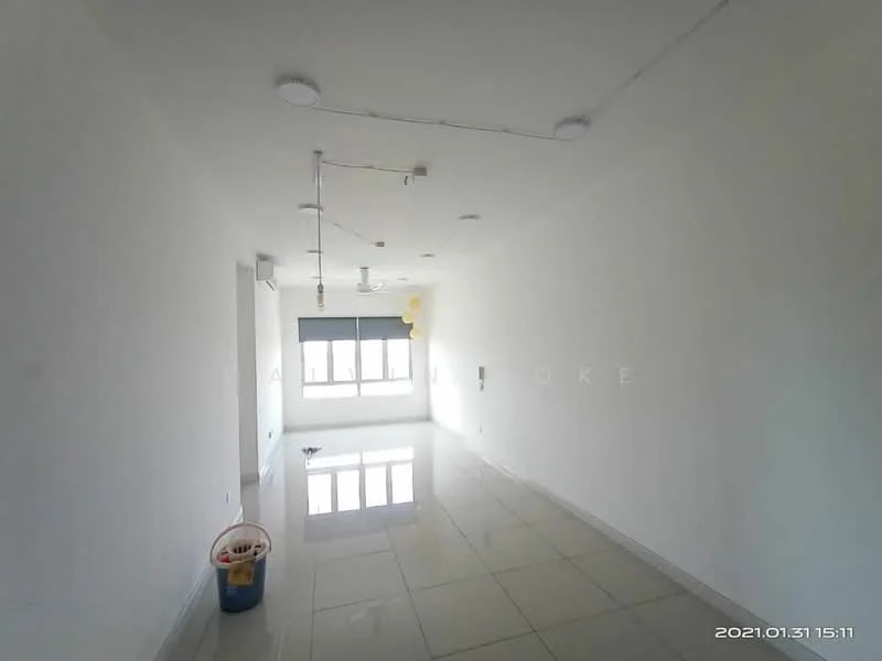 Room features: white painted walls, glossy tile flooring, recessed downlights, ceiling fan, large window with blinds, air conditioning unit, empty space, minimalist decor; style: minimalist.