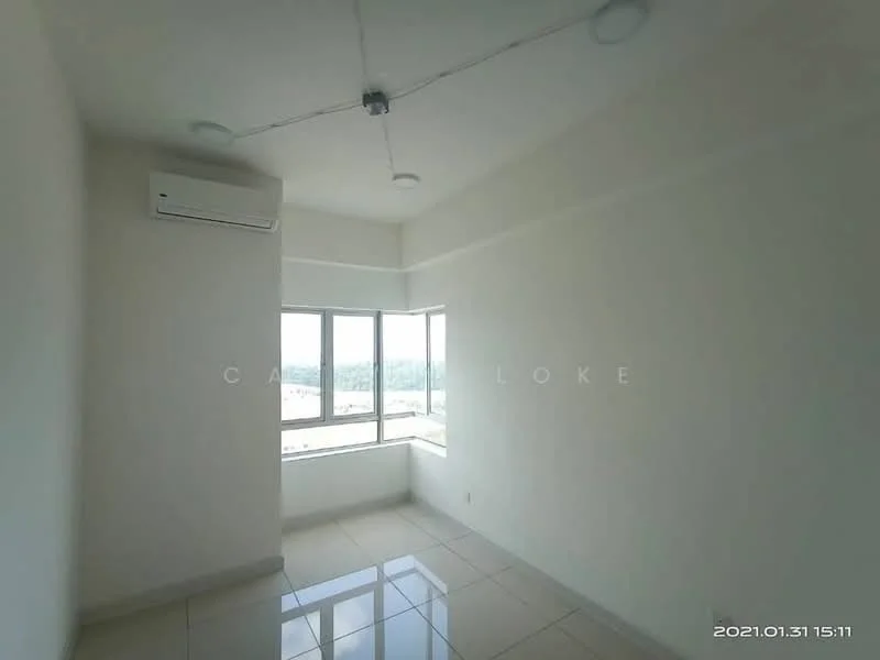 Room features: white painted walls, glossy tile flooring, floor-to-ceiling windows, 1 wall-mounted split AC, ceiling lights, window with city view; style: modern; view: city.