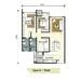 Floor plan: 2-bedroom 2-bathroom unit; features: open-plan kitchen-dining-living, master bedroom with ensuite bathroom, bedroom 2 with shared bathroom, utility room, balcony off living room, central foyer, 1 car porch, 1,200 sqft built-up.
