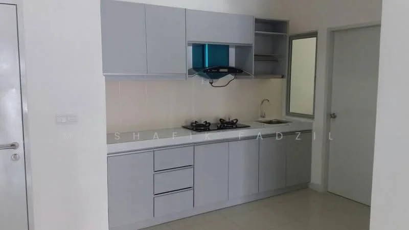 Kitchen features: light grey cabinetry, white countertop, built-in gas hob, stainless-steel range hood, single-bowl stainless-steel sink, window above sink, white tiled backsplash, ceramic tile flooring, open shelving, drawer storage, upper cabinets; style: modern.