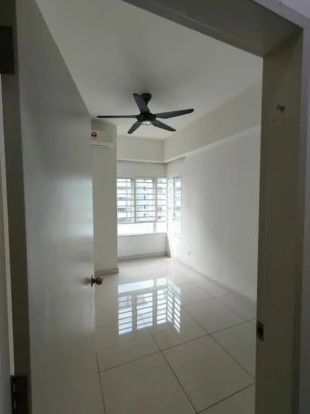 Room features: white painted walls, glossy white tile flooring, 5-blade ceiling fan, floor-to-ceiling windows, window treatments with blinds, natural light from windows, air conditioning unit on wall; style: modern; view: city.