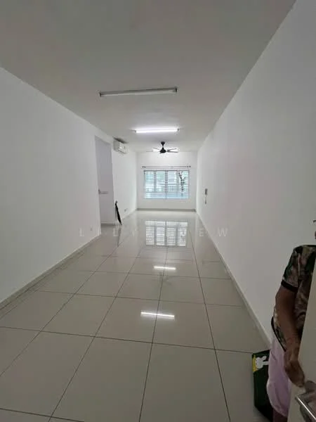 Room features: white painted walls, glossy ceramic tile flooring, recessed LED downlights, 1 ceiling fan, large window with grid pattern, air conditioning unit, neutral color scheme; style: modern.