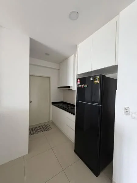 Kitchen features: black refrigerator, built-in gas stove, white cabinetry, black countertop, white walls, tile flooring, single door to pantry, striped kitchen mat; style: modern.