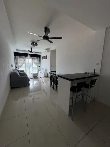 Living features: grey fabric sofa, 2 ceiling fans, white painted walls, glossy tile flooring, dining table with chairs, window with sheer curtains, sliding glass door, bar counter with stools; style: modern.