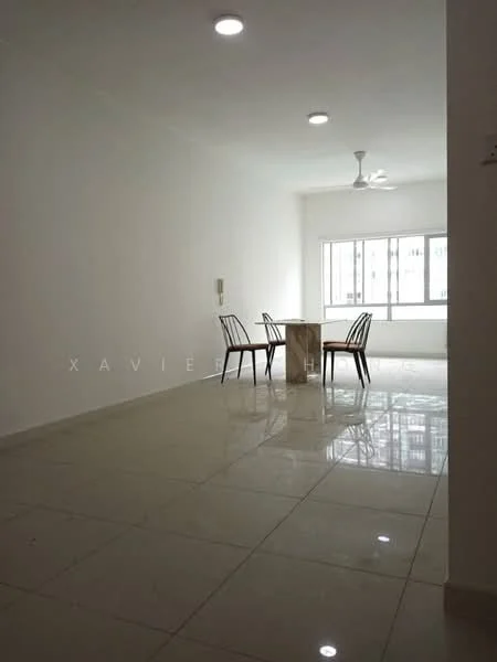 Living features: white painted walls, glossy ceramic tile flooring, 5-blade ceiling fan with light, floor-to-ceiling windows, natural light from windows, dining table with four chairs, neutral color scheme, open layout; style: modern.