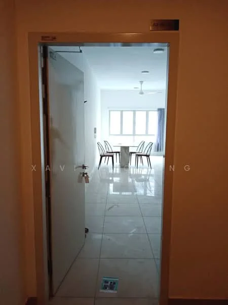 Room features: white painted walls, glossy tile flooring, ceiling fan, dining table, four dining chairs, large windows, natural light, neutral color scheme; style: modern.