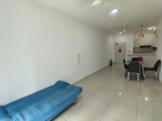 Living features: blue fabric sofa, white painted walls, glossy tile flooring, ceiling fan, recessed downlights, dining table with four black chairs, open layout to kitchen, kitchen counter visible in background; style: modern.