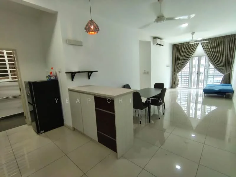 Living features: white painted walls, glossy tile flooring, ceiling fan, pendant light, large windows with curtains, open layout, kitchen island with seating, black dining chairs, refrigerator, sofa bed, air conditioning unit; style: modern.