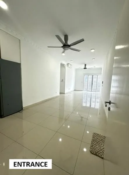 Room features: white painted walls, glossy tile flooring, 5-blade ceiling fan, recessed downlights, floor-to-ceiling windows, sliding glass door, entrance door, air conditioning unit, decorative wall trim; style: modern.