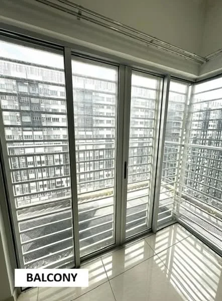 Balcony features: floor-to-ceiling sliding glass doors, metal railing, white walls, glossy tile flooring, natural light from large windows, view of adjacent building, horizontal metal slats for privacy, modern design; style: modern; view: city.