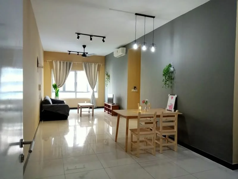 Living features: grey accent wall, cream painted walls, polished tile flooring, 5-blade ceiling fan with light, recessed LED downlights, floor-to-ceiling window, sheer curtains, black sofa, wooden dining table, 4 wooden chairs, TV console, decorative plants; style: modern; view: city.