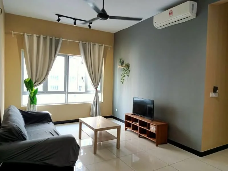 Living features: 3-seater fabric sofa in grey, coffee table, wall-mounted TV, wooden TV console, floor-to-ceiling windows, sheer curtains, air conditioning unit, white tiled flooring, grey accent wall, cream painted walls, ceiling fan with light; style: modern.