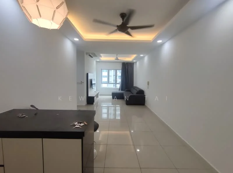 Kitchen features: black countertop, white cabinetry, bar stools, open layout; style: modern. Living features: 3-seater fabric sofa in grey, coffee table, wall-mounted TV, ceiling fan, recessed LED downlights, white painted walls, tile flooring, floor-to-ceiling windows with curtains; style: modern.