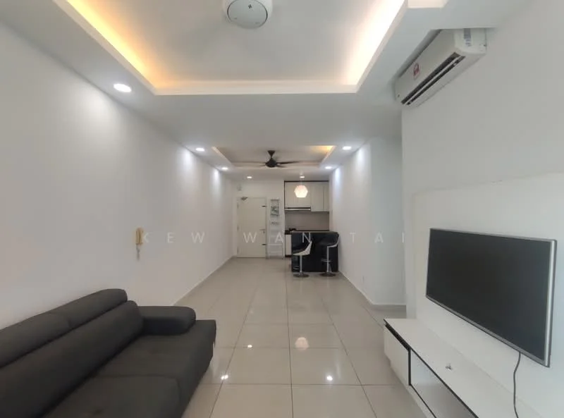 Living features: grey fabric sofa, wall-mounted TV, white TV console, recessed ceiling lights, ceiling fan, white painted walls, glossy tile flooring, air conditioning unit, open layout to kitchen, pendant light fixture; style: modern.