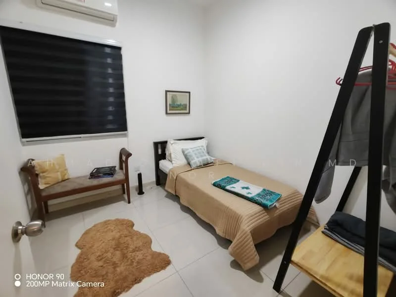 Bedroom features: single bed with beige bedding, wooden bench, brown area rug, black window blinds, white painted walls, ceramic tile flooring, wall-mounted air conditioning unit, clothes rack, framed artwork on wall; style: modern.