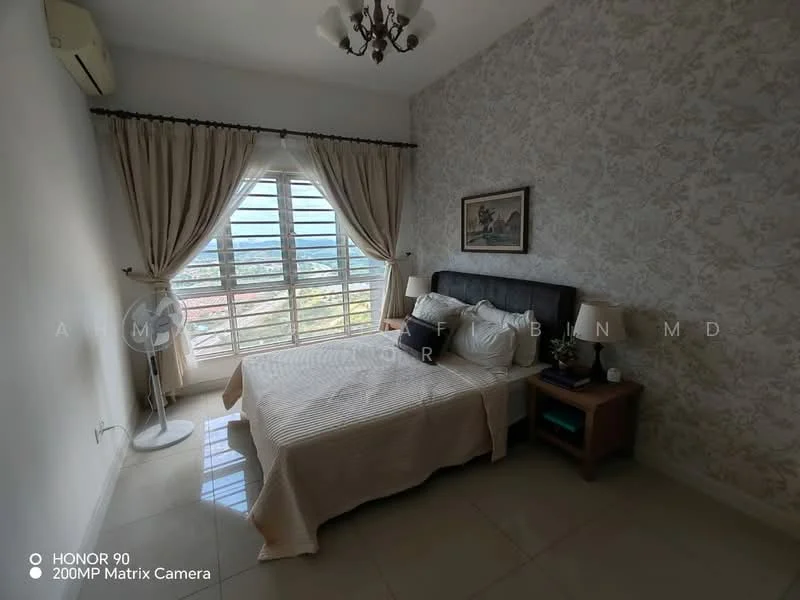 Bedroom features: queen-size bed, upholstered headboard, bedside lamps, framed artwork, curtains, floor-to-ceiling windows, wall-mounted air conditioning unit, light fixture with chandelier, light-colored bedding, decorative throw pillows, tile flooring, wallpaper with floral pattern; style: modern; view: mountain.