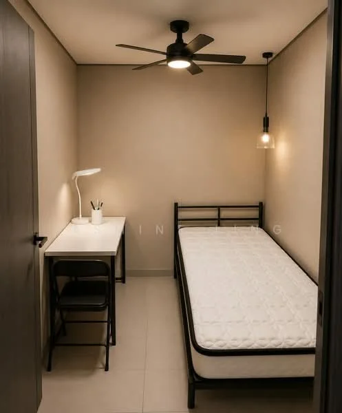 Bedroom features: single bed frame with mattress, desk with lamp, black folding chair, ceiling fan with light, pendant light fixture, cream painted walls, tile flooring, window with no visible treatment; style: modern.
