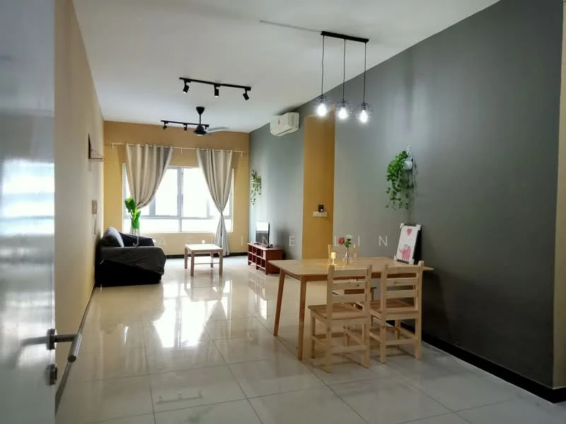 Living features: grey accent wall, cream painted walls, polished tile flooring, 5-blade ceiling fan with light, recessed downlights, floor-to-ceiling windows, sheer curtains, black leather sofa, wooden dining table with chairs, TV console, decorative wall plants, area rug; style: modern; view: city.