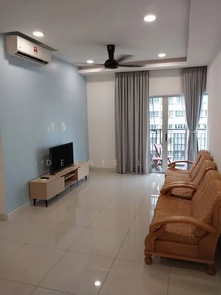 Living features: white painted walls, light blue accent wall, glossy ceramic tile flooring, 5-blade ceiling fan with light, wall-mounted air conditioning unit, sofa set with wooden frame, coffee table, TV console, wall-mounted TV, floor-to-ceiling windows with sheer curtains; style: modern.