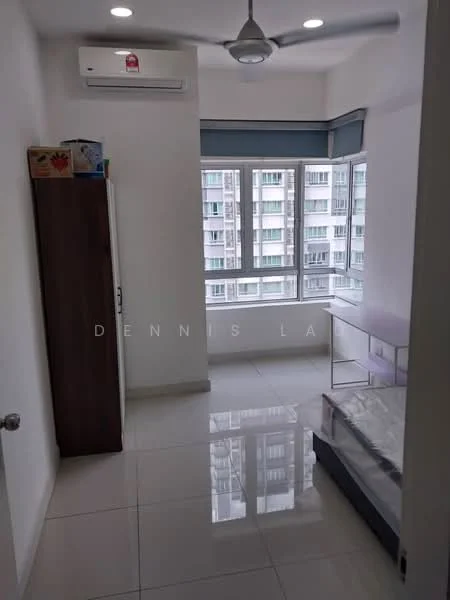 Bedroom features: white painted walls, glossy tile flooring, 5-blade ceiling fan with light, floor-to-ceiling windows, curtains, built-in wardrobe, single bed frame, study desk, air conditioning unit; style: modern; view: city.