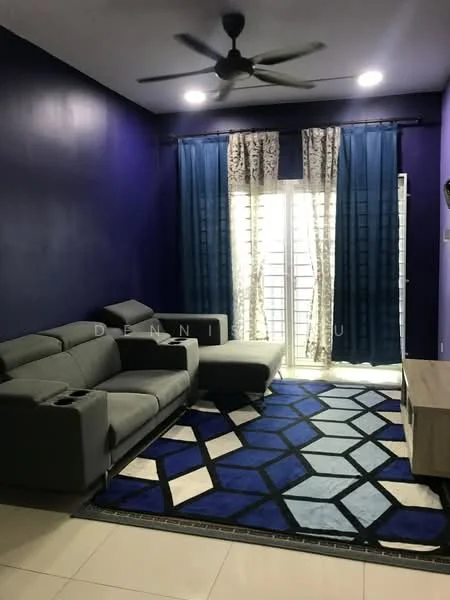 Living features: 3-seater fabric sofa in grey, chaise lounge, area rug with geometric pattern in blue and white, floor-to-ceiling windows with sheer curtains, dark blue painted walls, recessed downlights, ceiling fan, TV console, decorative wall art; style: modern.