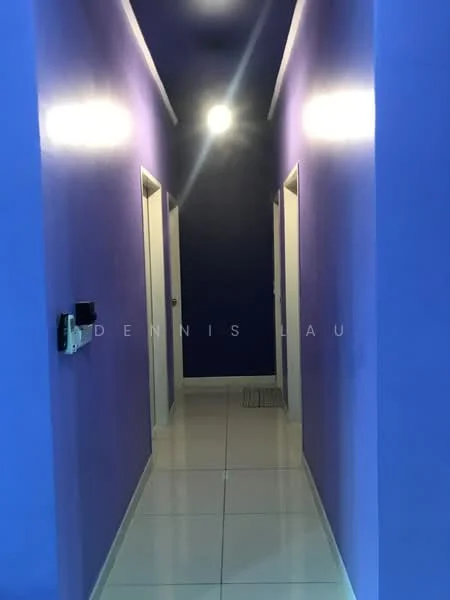 Hallway features: purple painted walls, white doors, glossy white tile flooring, ceiling light fixture, baseboards, door frames, ventilation grill, straight corridor; style: modern.