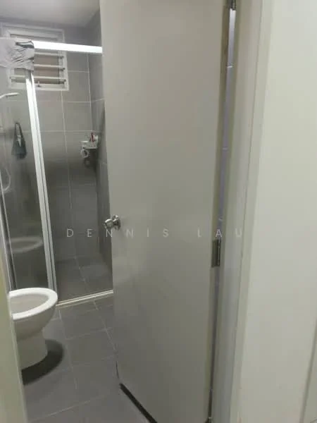 Bathroom features: grey tiled walls, grey tiled flooring, glass shower enclosure, toilet, shower head, wall-mounted faucet, mirror, sliding door, ventilation window; style: modern.