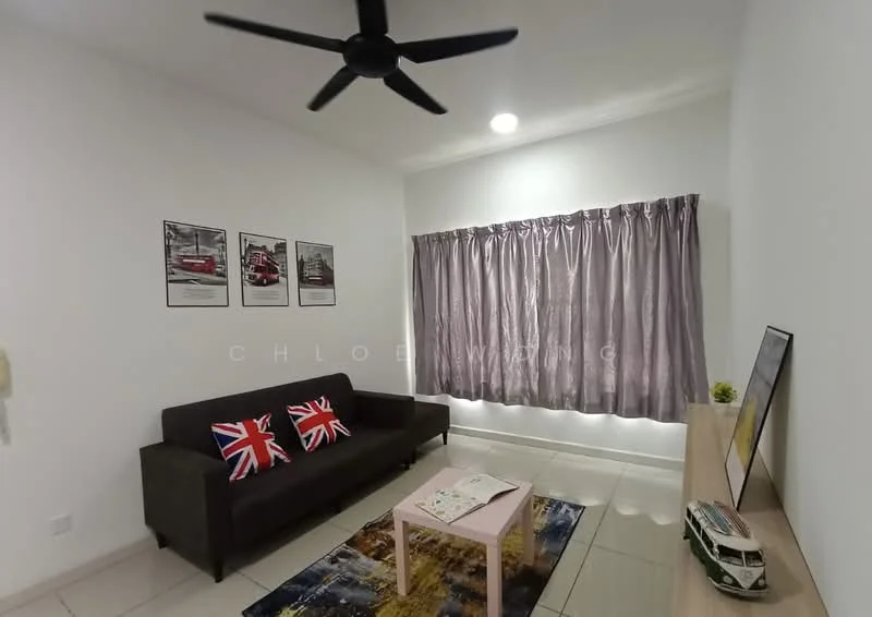 Living features: 3-seater fabric sofa in dark grey, British flag throw pillows, light pink coffee table, area rug with abstract pattern, floor-to-ceiling window with sheer curtains, recessed ceiling lights, ceiling fan, wall-mounted artwork, light-colored wall, glossy tile flooring; style: modern.