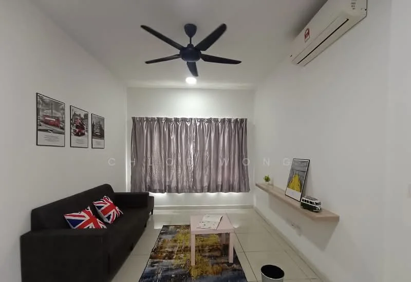 Living features: grey fabric sofa, decorative cushions with Union Jack pattern, light-colored coffee table, wall-mounted shelf, framed artwork on walls, floor-to-ceiling window with sheer curtains, ceiling fan with light, wall-mounted air conditioning unit, tile flooring, recessed lighting; style: modern.
