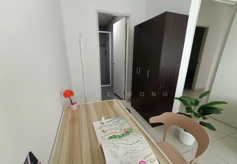 Room features: white painted walls, tile flooring, wooden desk, chair, potted plant, magazine on table, dark wood wardrobe, doorway leading to bathroom; style: modern.