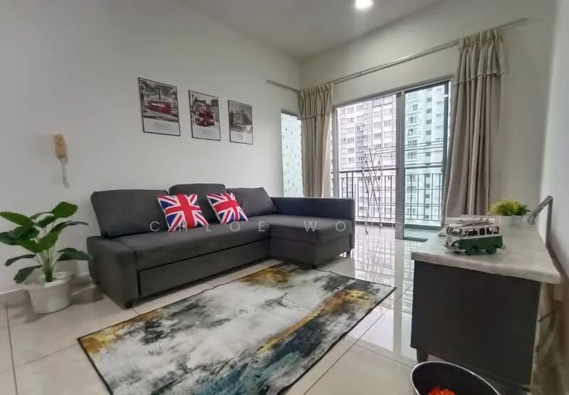 Living features: L-shape sectional sofa in grey, decorative cushions with Union Jack pattern, area rug with abstract pattern, floor-to-ceiling windows, sliding glass door, curtains, wall-mounted TV console, decorative model van, indoor plant in white pot, light-colored walls, glossy tile flooring, recessed ceiling lights; style: modern; view: city.