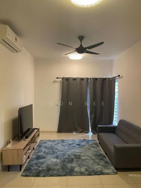 Living features: 3-seater fabric sofa in grey, coffee table, wall-mounted TV, TV console, area rug with geometric pattern, ceiling fan, wall-mounted split AC, floor-to-ceiling window with curtains, light-colored walls, tile flooring; style: modern.